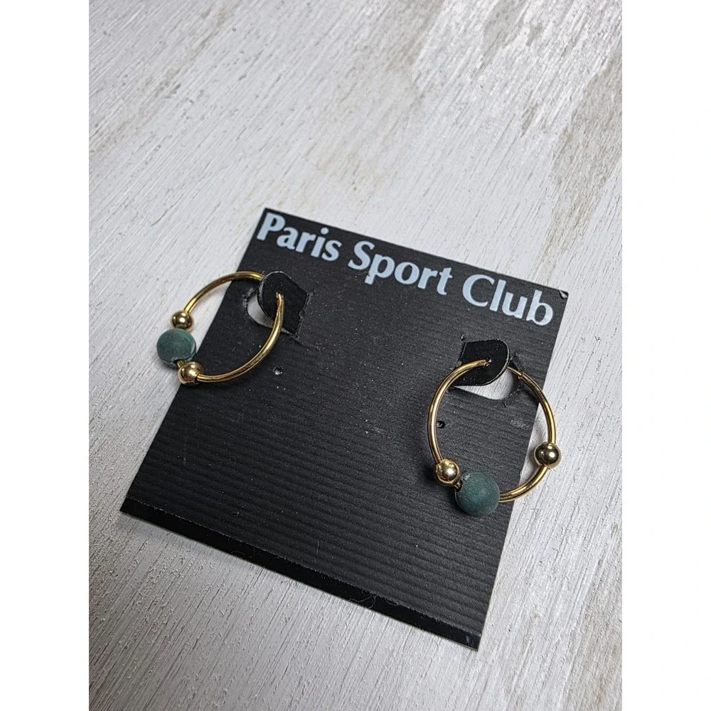 Paris Sport Club Gold Tone Hoop Earrings Green Stone Bead Boho Western Classic